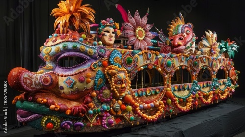 Colorful, decorated float adorned with masks and floral details, typically seen in carnival parades. Vibrant display of creativity.