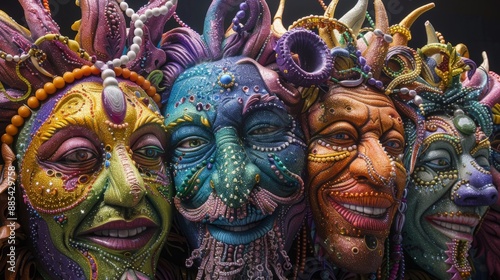Colorful and intricate masked faces in carnival attire, showcasing artistic diversity and expressive detailing.