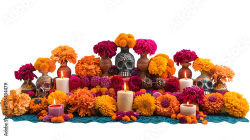 Day of the Dead altar for Hispanic Heritage Month, traditional Mexican ofrenda, cultural celebration of heritage and remembrance, png file, isolated on white