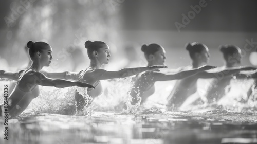 Synchronized swimmers in action, artistic monochrome water performance.