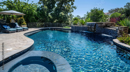 A luxurious backyard pool with clear blue water, surrounded by lush greenery and elegant poolside furniture under the bright sun.