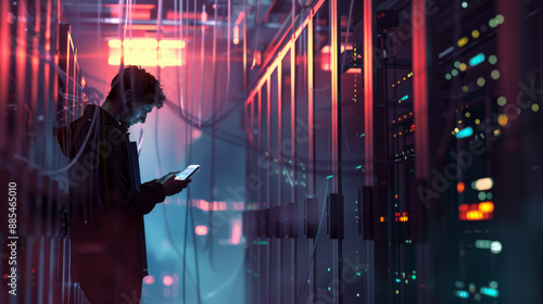 A lone individual engrossed in their smartphone amid an enigmatic data center, bathed in a blend of moody red and blue lights, capturing the essence of modern tech.