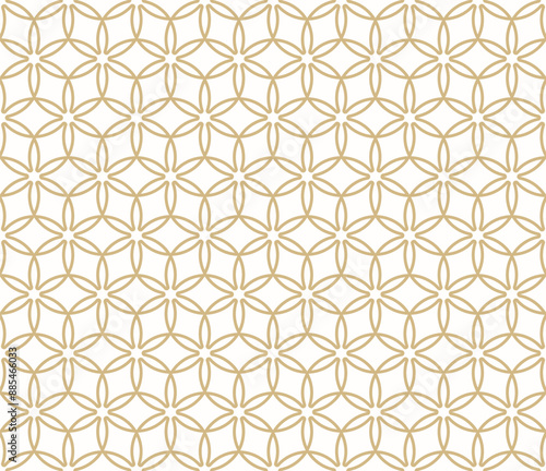 Abstract golden geometric seamless pattern in Islamic style. Vector ornamental linear texture, floral lattice, mesh. Traditional oriental background. Luxury gold and white ornament, repeated design