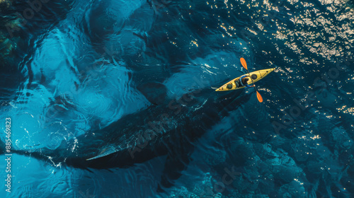 A top-down view of a bright yellow kayak adjacent to a giant whale in the clear blue ocean, creating a stunning contrast between human and nature.