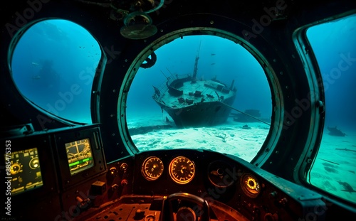 Sunken shipwreck seen from a submarine window