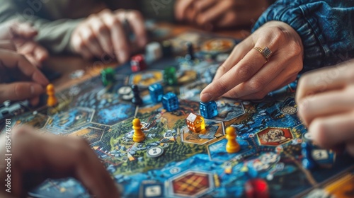 A detailed close-up of hands playing a board game, surrounded by game pieces, a game board, and a group of friends enjoying a fun and strategic evening