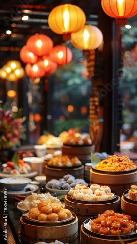 A vibrant display of traditional Asian dim sum dishes in a restaurant setting, with warm ambient lighting and red lanterns.