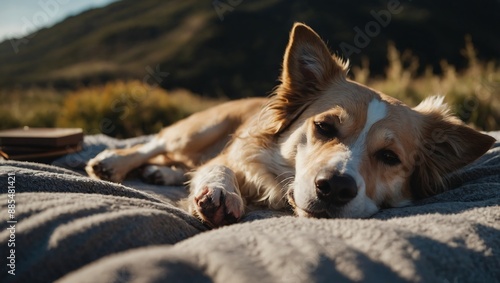 Relaxing dog lounging comfortably on a be