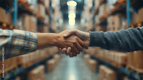 A handshake between a supplier and a retailer in a warehouse office after signing a supply agreement, with boxes, inventory lists, and a busy warehouse visible through the office window.