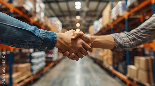 A handshake between a supplier and a retailer in a warehouse office after signing a supply agreement, with boxes, inventory lists, and a busy warehouse visible through the office window.