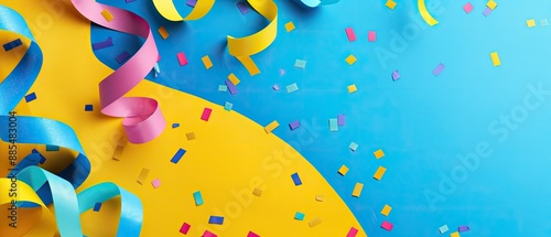 Colorful party decorations with vibrant ribbons and scattered confetti on a bright blue and yellow background. Perfect for celebration themes.