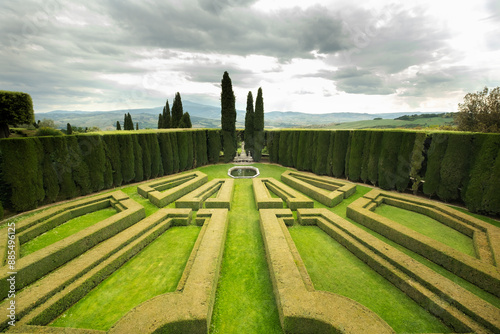 Villa La Foce, Chianciano Terme,Tuscany, A formal Italian garden, divided into geometric ‘rooms’ by box hedges, stretches from the house toward the Val d’Orcia and Mount Amiata. 