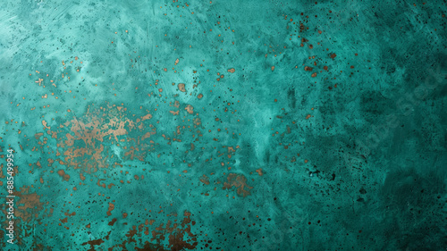 A wide shot of a copper surface with natural patina and green blue oxidation marks 