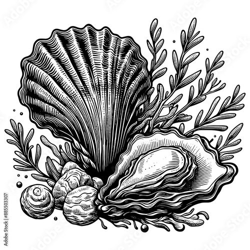 seashells surrounded by seaweed, showcasing oceanic and marine life elements sketch engraving generative ai fictional character PNG illustration. Scratch board imitation. Black and white image.