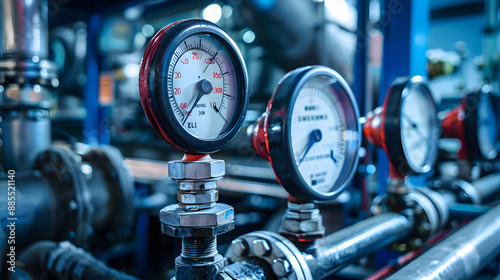 Industrial concept. equipment of the boiler-house, - valves, tubes, pressure gauges, thermometer. Close up of manometer, pipe, flow meter, water pumps and valves of heating system in a boiler room.