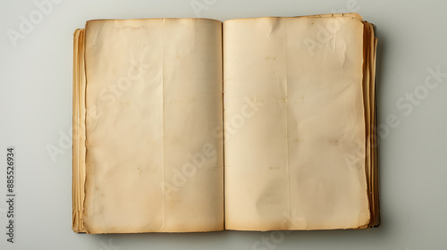 Opened a book with old antique parchment pages. Top front view of ancient fancy vintage decorative spell book. AI generated