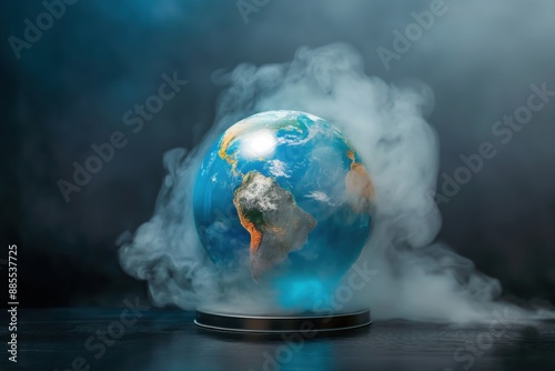 Globe surrounded by fog on dark background, atmospheric effect