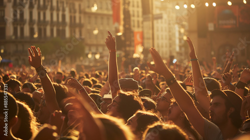 La Mercè Festival, music concert in Barcelona's main plaza with cheering crowd, Ai generated Images