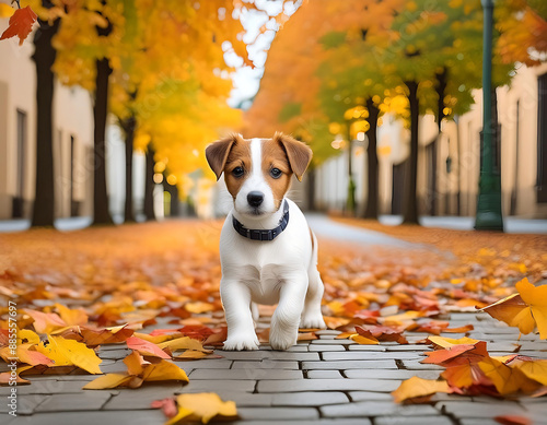  Jack Russell Puppy on Autumn Alley- A charming image of a Jack Russell puppy enjoying a_1(193)