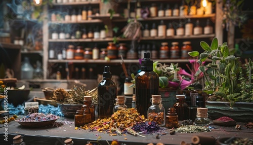 Showcasing the tranquil environment of an herbal apothecary, featuring organic cosmetics, dried