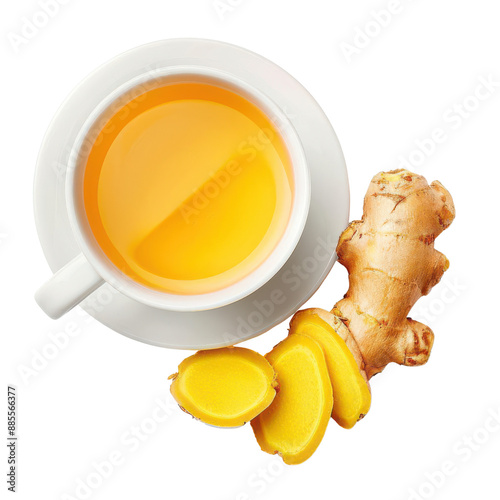 A cup of freshly brewed ginger tea with sliced ginger root on the side, offering a refreshing and healthy beverage option.