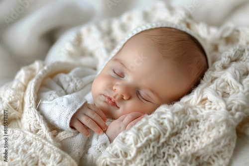 A serene image of a newborn baby peacefully sleeping, wrapped in a soft white blanket