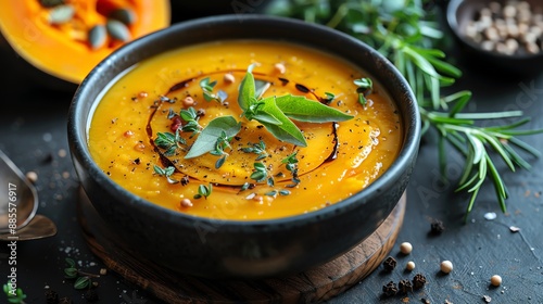 Bowl of butternut squash soup with herbs, realistic, HD.