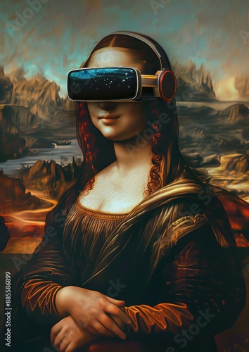 Mona Lisa with VR Goggles - Cyberpunk Style - A cyberpunk twist on the classic Mona Lisa, featuring her wearing futuristic VR goggles, blending art with technology.