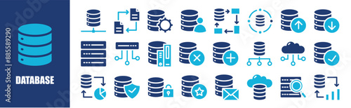 Database icon set. database, technology, network, internet, information, and more. Solid vector icons collection.