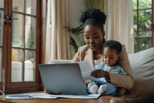 Businesswoman is working from home, holding her baby daughter on her lap and using laptop