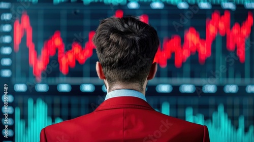 Businessman analyzing stock market data on a large screen. Concept of trading, investment, and financial analysis in the stock market.