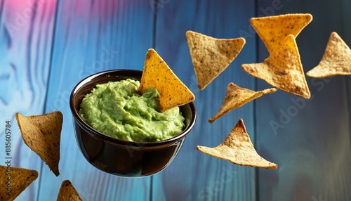 Corn tortilla chips and guacamole dip in flight on a vibrant background