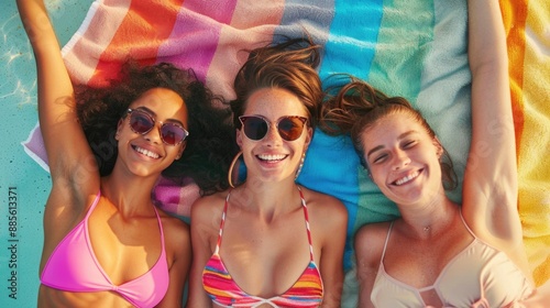 Three women relaxing on a beach towel, enjoying the sun and sea