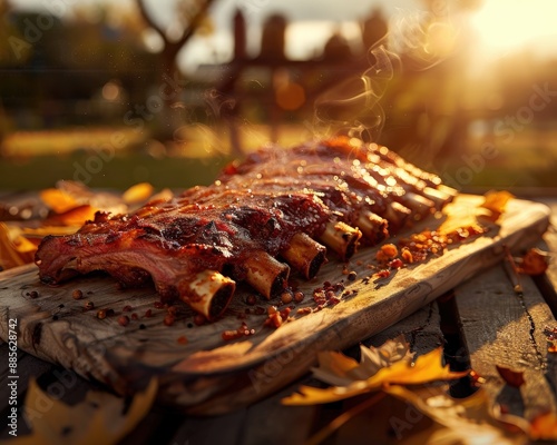 Côtes levées grillées et fumantes sur une planche en automne