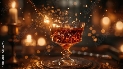 A supernatural scene where a Manhattan cocktail is stirred with a magical wand, infusing it with the essence of a bygone era and a touch of timeless elegance