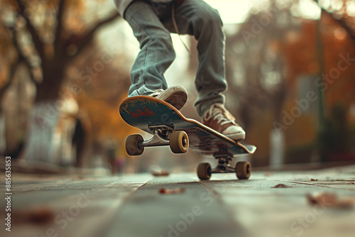 Youth performs a kickflip on skateboard in an urban street, wearing jeans and sneakers in autumn