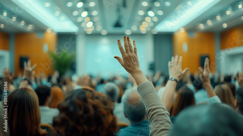 Audience members in a conference room raising their hands, engaging in a lively seminar or workshop session.