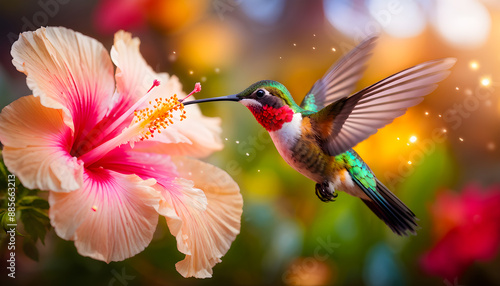 Hummingbird flying close to beautiful flower