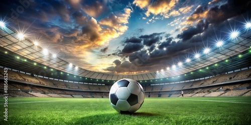 Football on the Field, Sunset Sky, Stadium, Green Grass, Football Stadium, Sports, Soccer