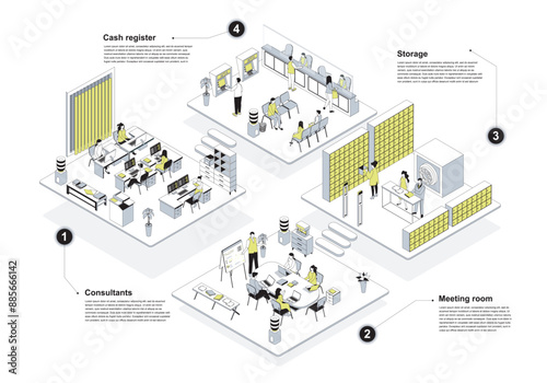 Bank 3d isometric concept in outline design for web. People working in isometry rooms, consultants office, clients meeting, cash register hall and safe storage service interiors. Vector illustration.