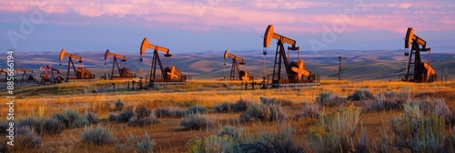 Iconic oil pump jacks silhouetted against a scenic dusk skyline in a rural oilfield landscape. The tall,swaying pump units extract crude oil or natural gas from underground reservoirs.