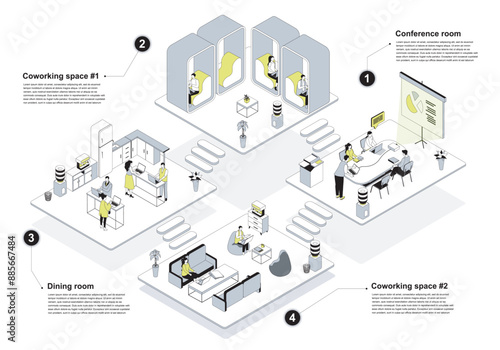 Coworking space 3d isometric concept in outline design for web. People working in isometry rooms office with conference halls, workflow in departments and resting in dining room. Vector illustration.