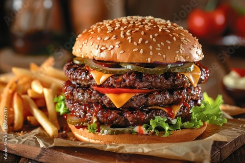 Mouthwatering triple cheeseburger with beef patties, lettuce, pickles, and cheese on a sesame bun, served with crispy fries on a wooden table.