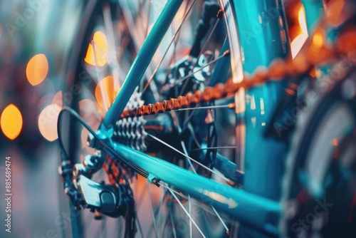 A close-up shot of a bicycle's rear wheel and derailleur with an orange chain, captured against a blurred background of urban lights