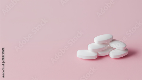 Pile of white oval pills on a pink background. Minimalist composition emphasizing clean and simple design