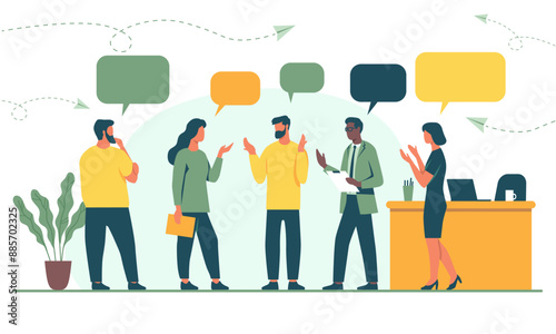 Business teamwork. Scene with office employees discussing project. Work communication and interaction. Dialogue between colleagues. People with speech bubbles. Flat vector isolated illustration