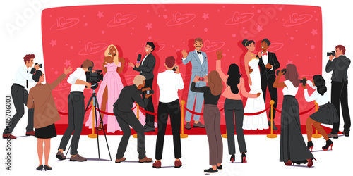 Glamorous Red Carpet Event Featuring Celebrities Posing For Photographers And Reporters, Cartoon Vector Scene