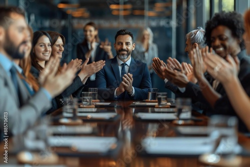 diverse group of businesspeople clapping for a businessman after his successful presentation in a conference room.