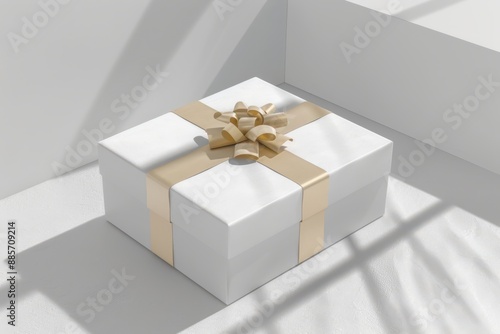 a white gift box with gold ribbon on top