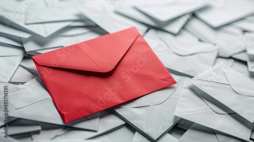 A red envelope sits atop a pile of white envelopes